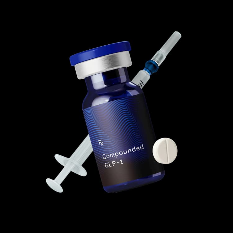 A floating blue vial labeled “Compounded GLP-1” with a syringe and a white tablet