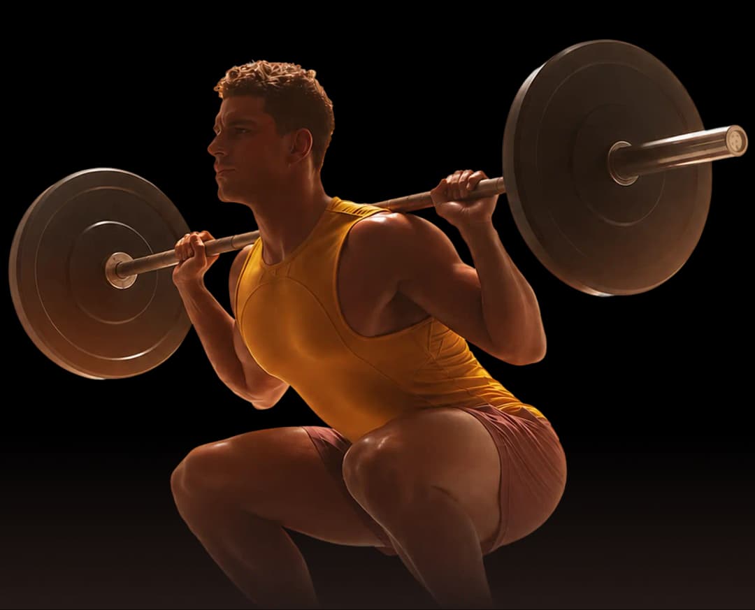 A man in a yellow shirt performing a barbell squat with dramatic golden lighting