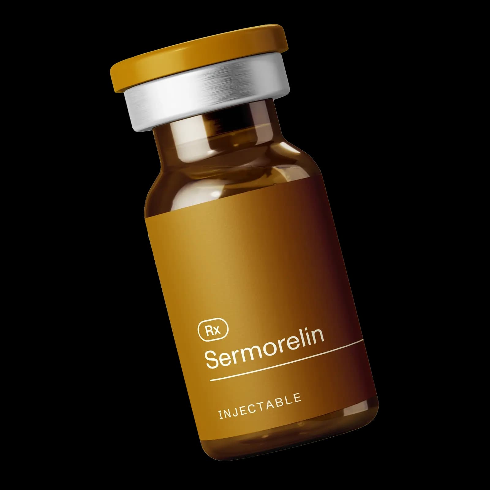 A floating amber glass vial labeled 'Sermorelin Injectable'