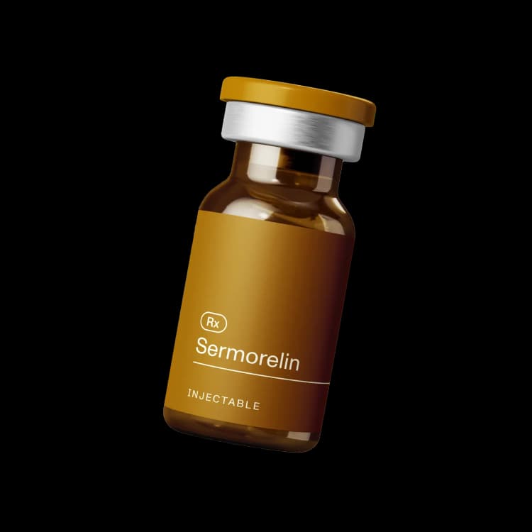 A floating amber glass vial labeled 'Sermorelin Injectable'