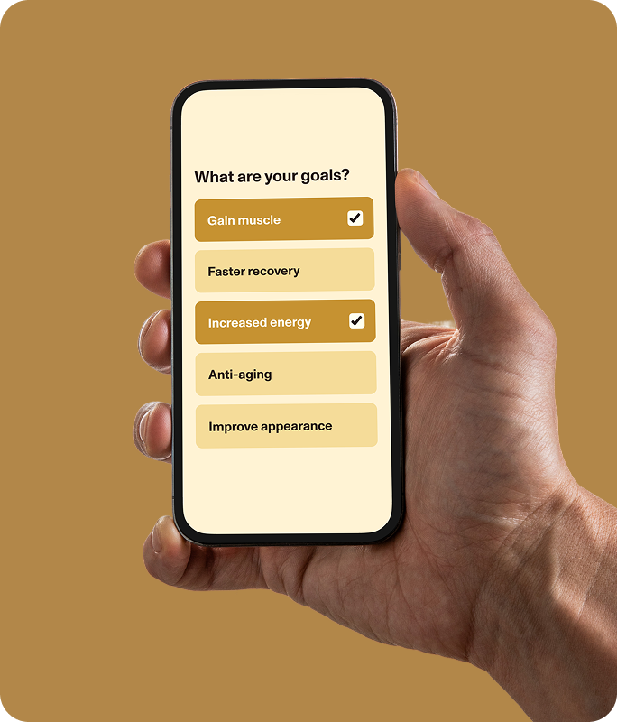 A hand holding a phone displaying a goal selection screen with checkboxes for muscle gain, recovery, energy, anti-aging, and appearance