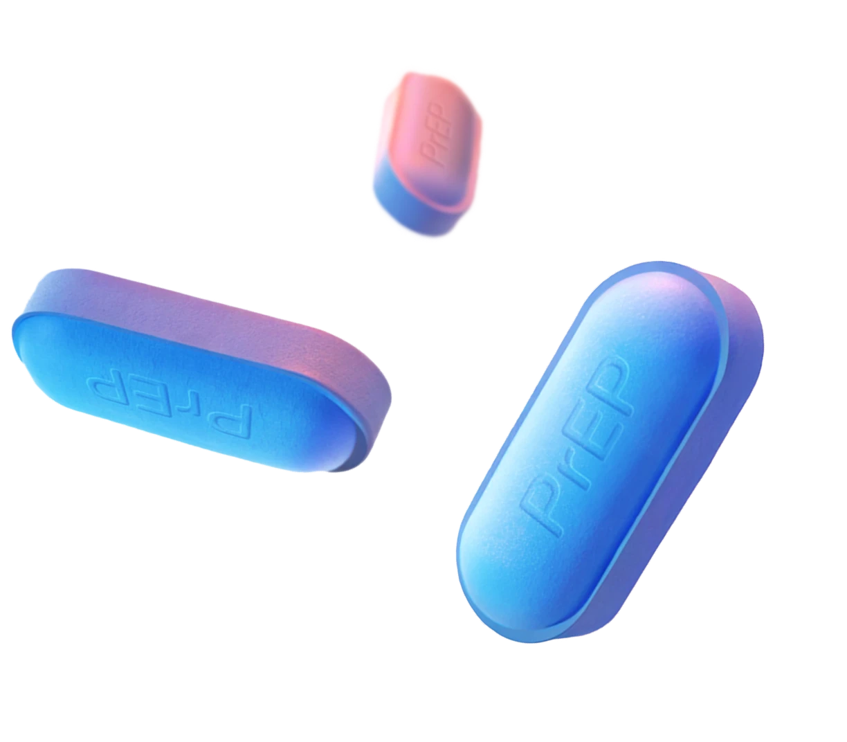 Three floating pink and blue PrEP pills