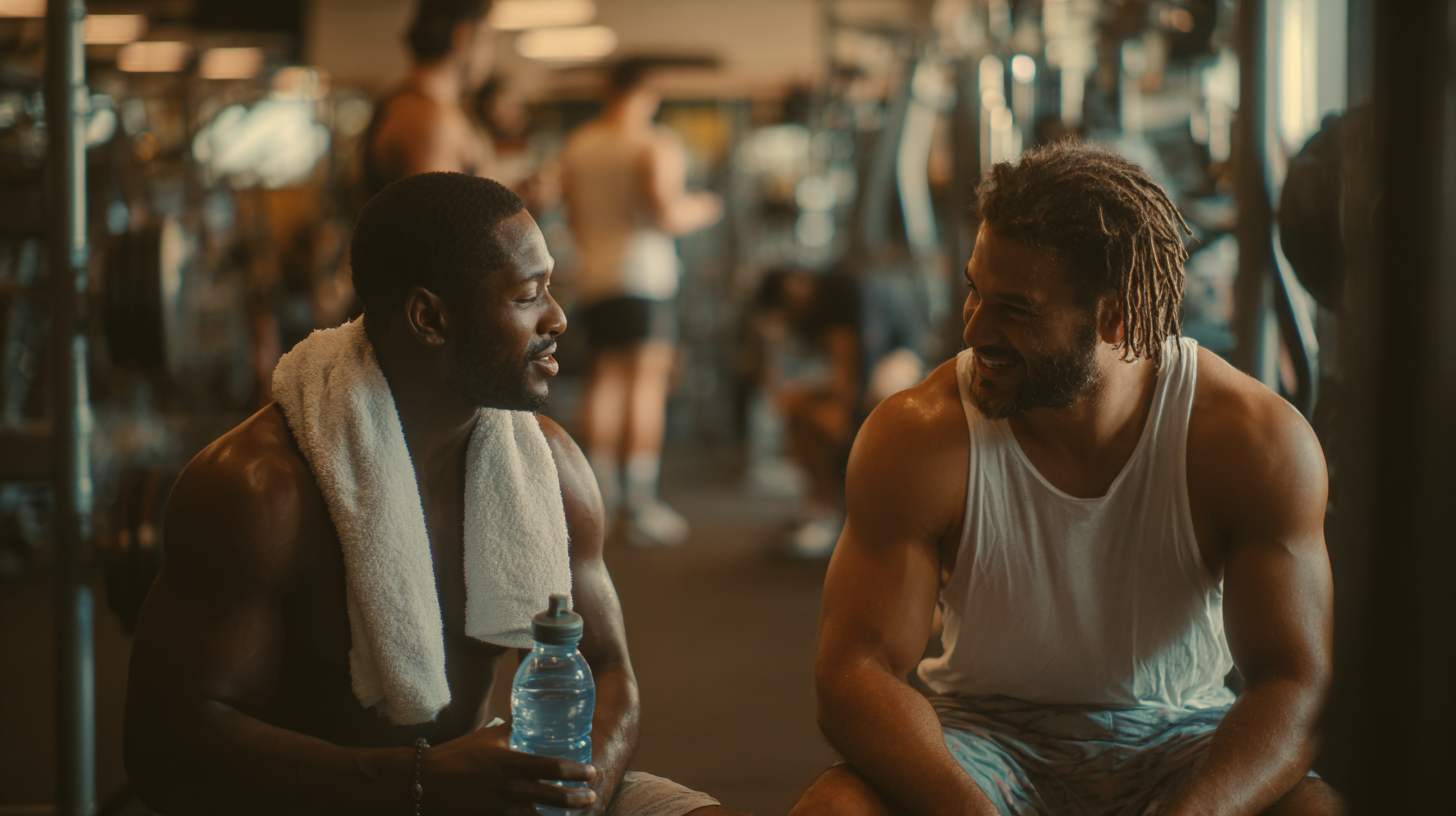Two men resting between sets at a gym, smiling and talking